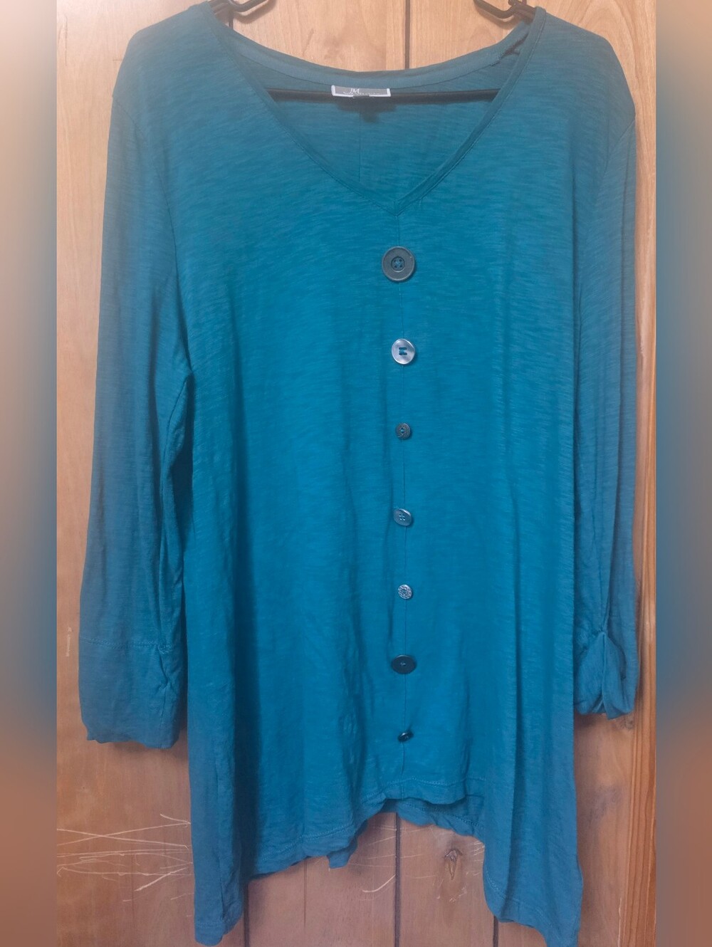 JM Collection Teal Button-Front Long Sleeve Tunic- Size L